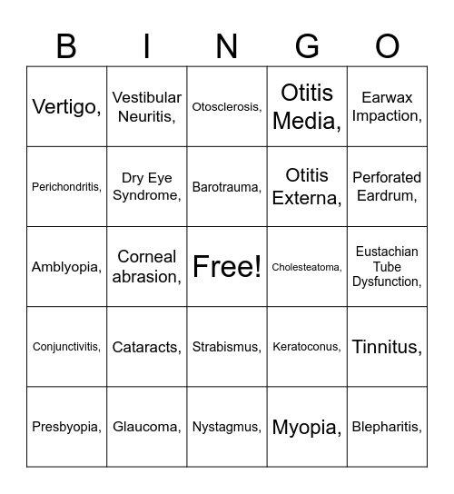 Ophthalmology and Otolaryngology Bingo Card