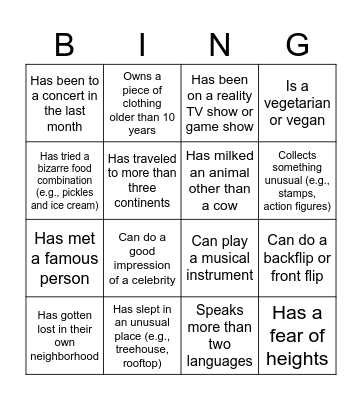 Welcome Party Bingo Card