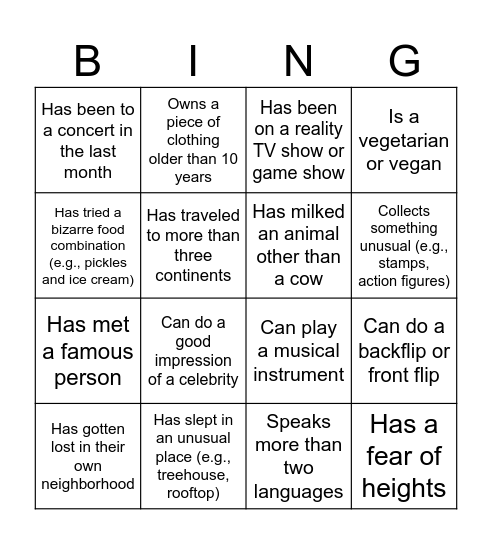 Welcome Party Bingo Card