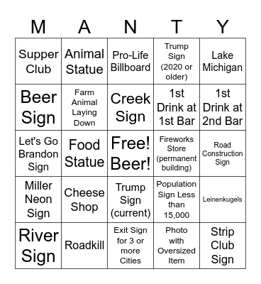 Manitowoc Road Trip 2024 Bingo Card