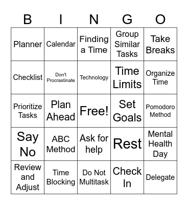 Time Management Bingo Card