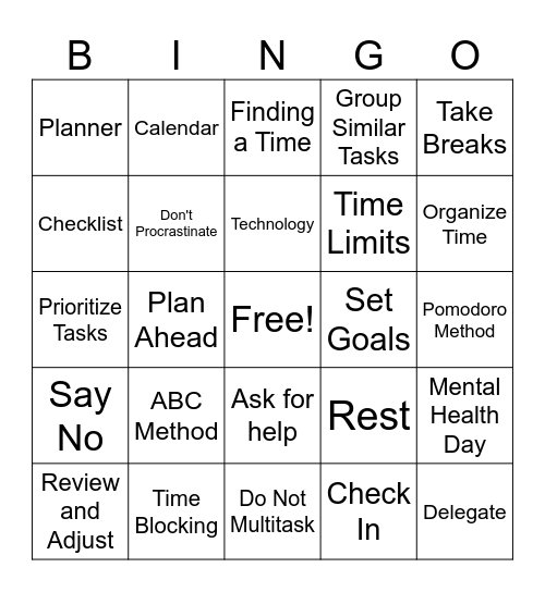 Time Management Bingo Card