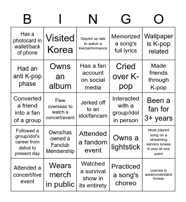 K-pop Bingo Card