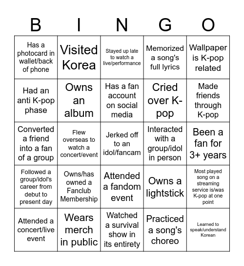 K-pop Bingo Card