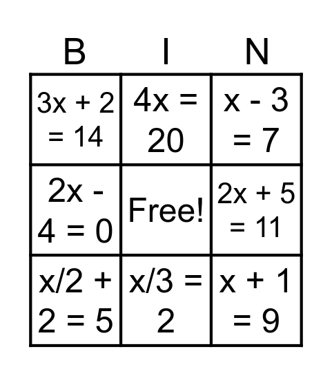 Algebraic bingo Card