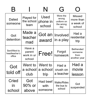 School Bingo Card