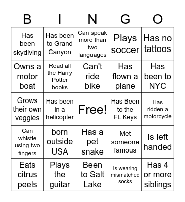Find the Person Bingo Card
