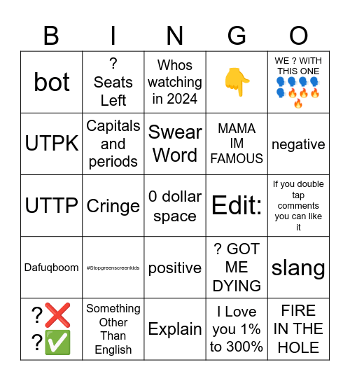 Comment Section Bingo Card