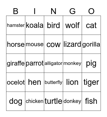 Animals Bingo Card