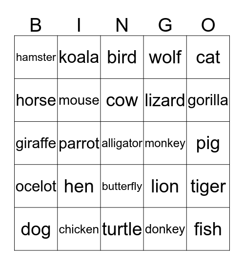 Animals Bingo Card