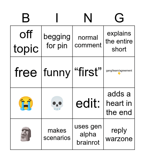 youtube bingo Card