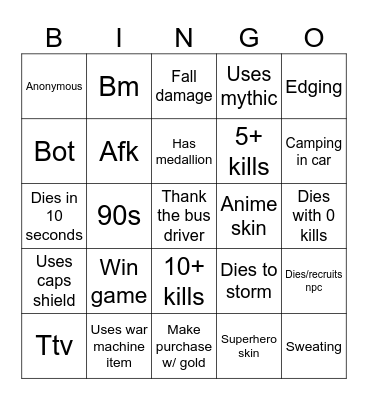 Fortite bingo Card