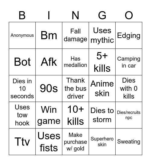 Fortite bingo Card