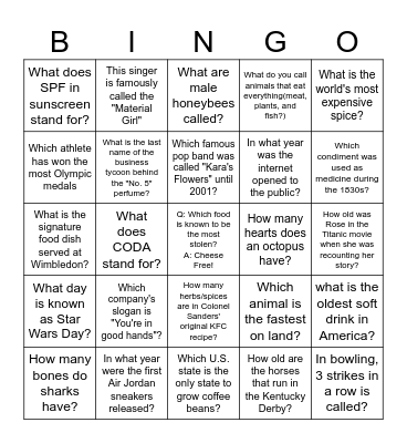 KS pre-Happy Hour Trivia Bingo Card