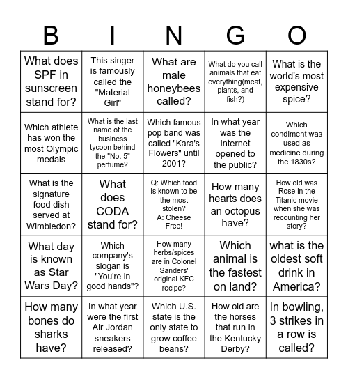 KS pre-Happy Hour Trivia Bingo Card