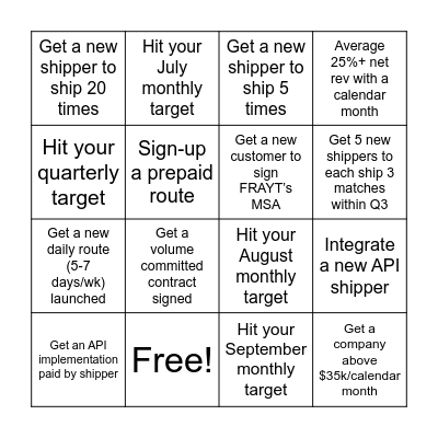 Q3 Sales Contest Bingo Card