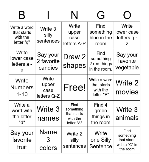 Handwriting Bingo Card