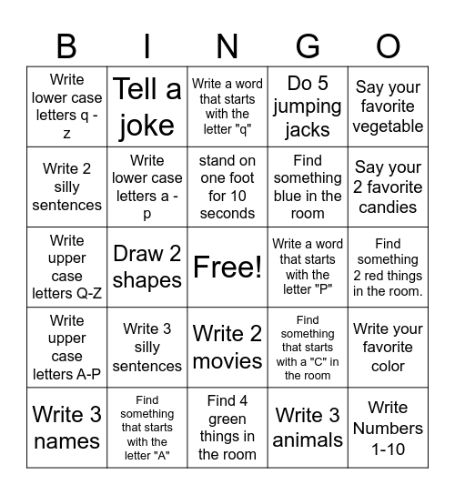 Handwriting Bingo Card