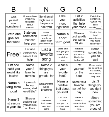 Mental Health Bingo Card