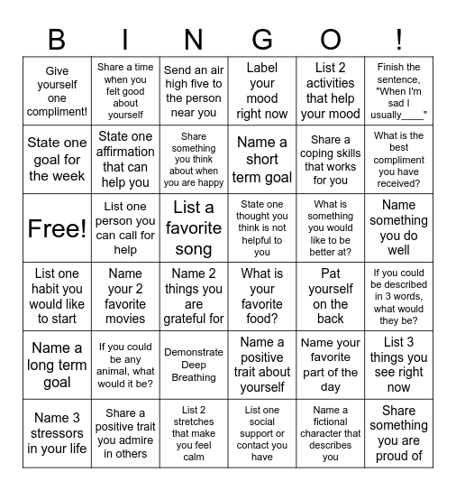 Mental Health Bingo Card