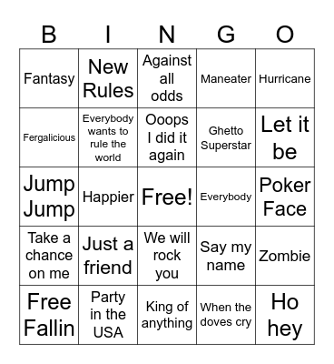From A to Z Hit Songs Bingo Card