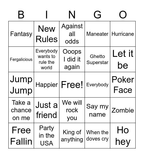 From A to Z Hit Songs Bingo Card