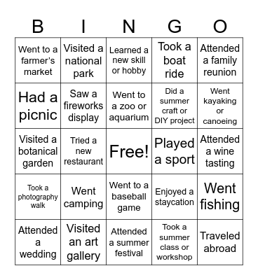 Back To School Summer Bingo Card