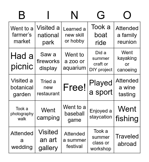 Back To School Summer Bingo Card