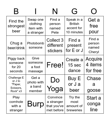 Beer Fest Bingo - Elyse and Jonny Edition Bingo Card