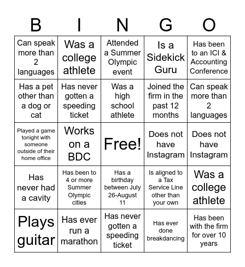 RIC Immersion Bingo Card