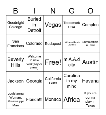 Location Songs Bingo Card