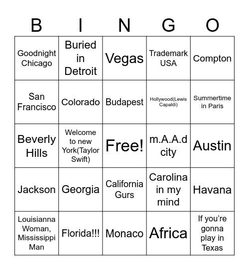 Location Songs Bingo Card