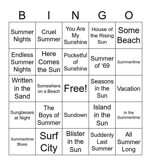 Summer Sun Bingo Card