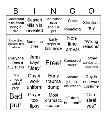 Jenn's Bachelorette Premiere Bingo Card