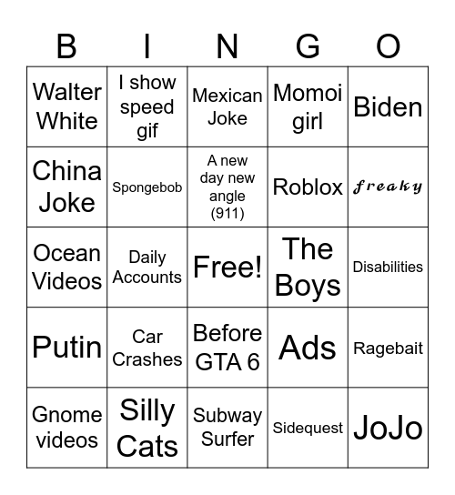 Instagram Bingo Card