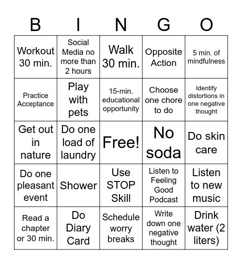 Self Care List LF Bingo Card