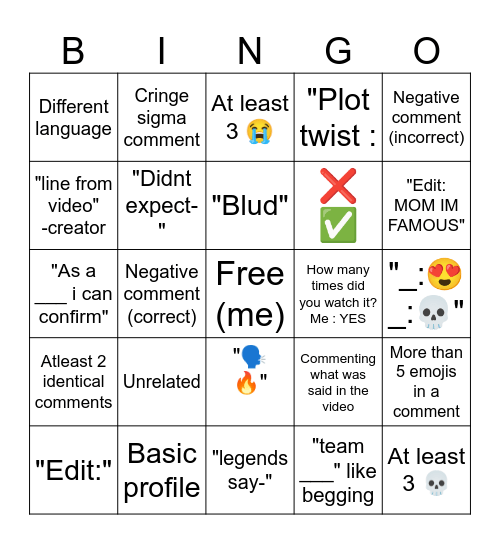 Youtube comments Bingo Card