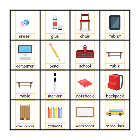 School Vocabulary Bingo Card