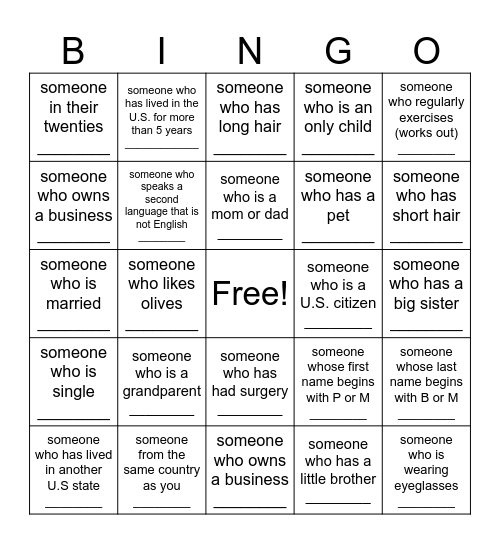 ESL Ice Breaker, Find as Many People as Possible and Write their Names in the Box Bingo Card