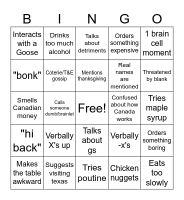 Canada Bingo Card