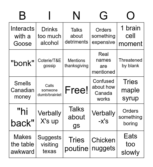 Canada Bingo Card