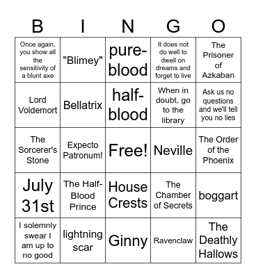 Harry Potter Bingo Card