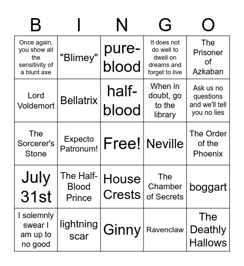 Harry Potter Bingo Card