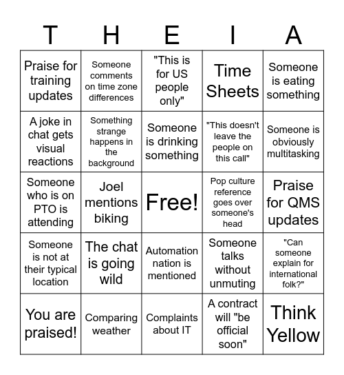 THE TEAM MEETING THEIAGEN BINGO Card