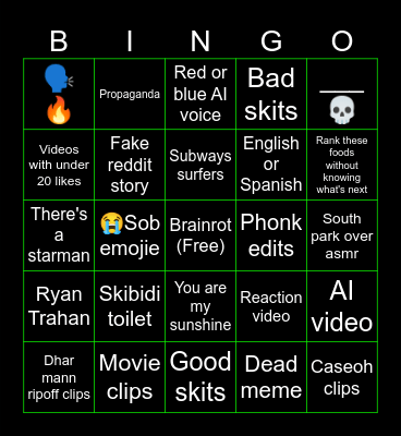 Youtube Shorts and Comments Bingo Card