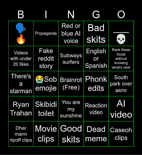 Youtube Shorts and Comments Bingo Card