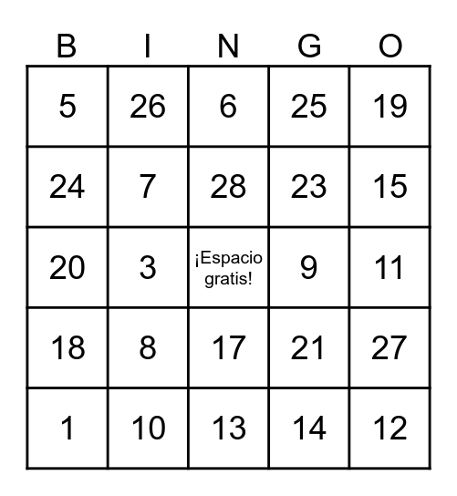 BINGO 1-30 Bingo Card