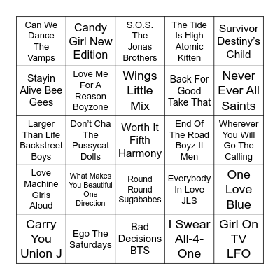 Boybands vs Girlbands Bingo Card