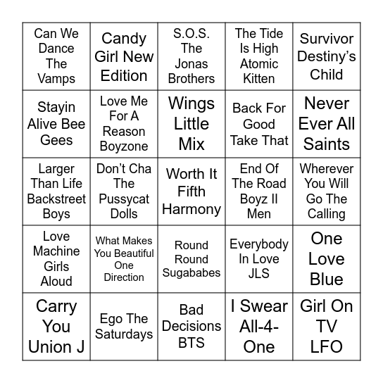 Boybands vs Girlbands Bingo Card