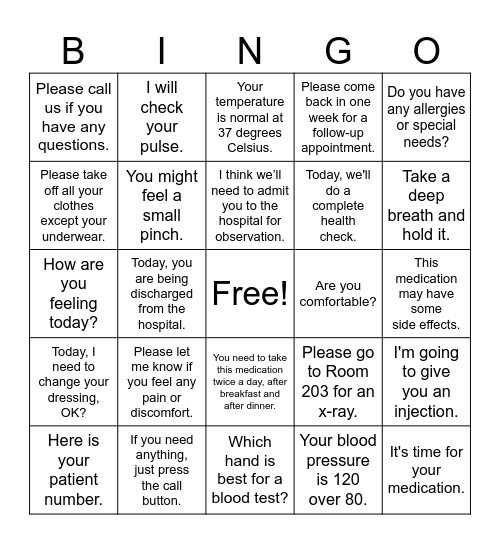 Nursing School Phrases for Assessment Bingo Card